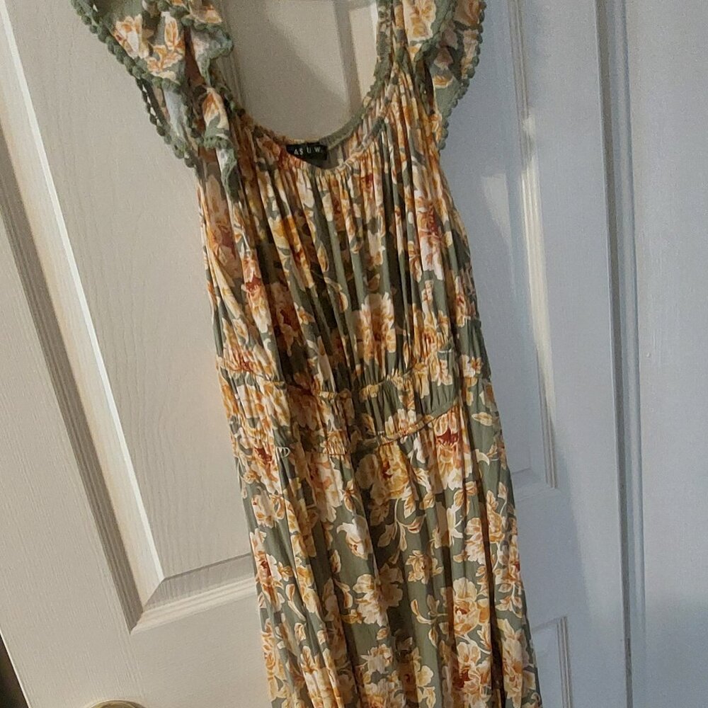 Rayon Sundress Pretty Floral Summer Dress 2 XL Green, brown, cream